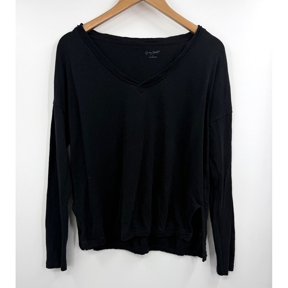 Grey State Shirt Womens Small Black V Neck Long Sleeve 100% Cotton Relaxed Soft